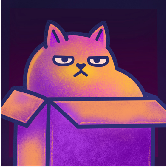 App icon: a grumpy orange and purple cat in an open cardboard box.