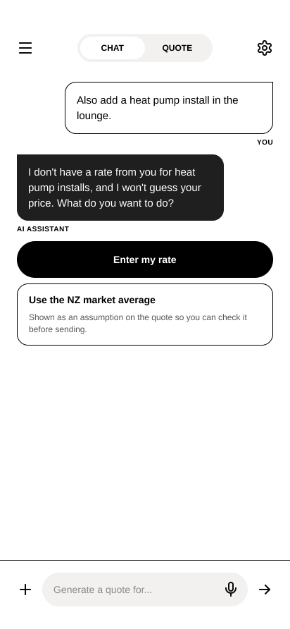 The AI has no rate on file for this job and asks for one instead of guessing.