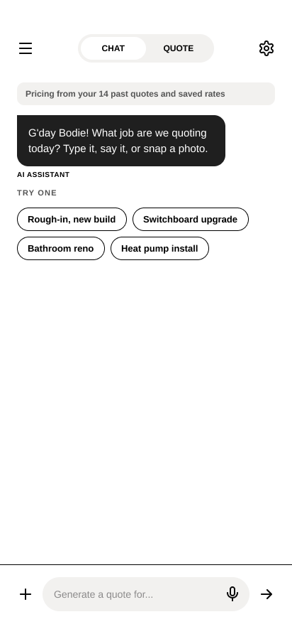 Chat start screen with four example jobs.