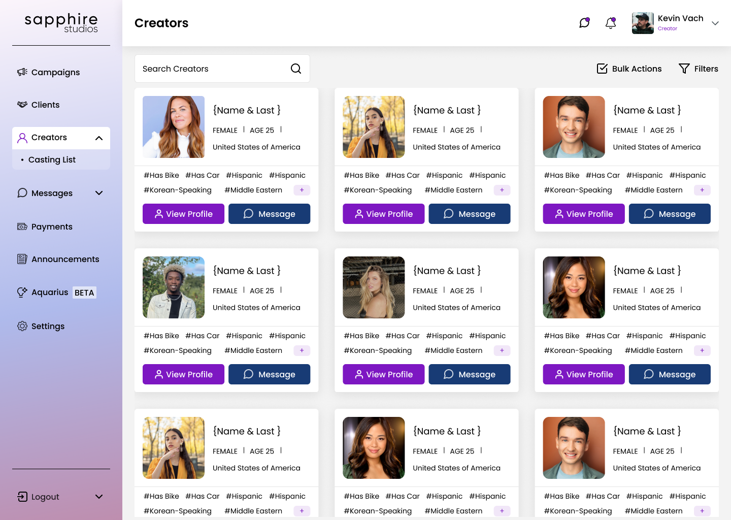 Creators page in the agency portal, shown as a mosaic of cards.