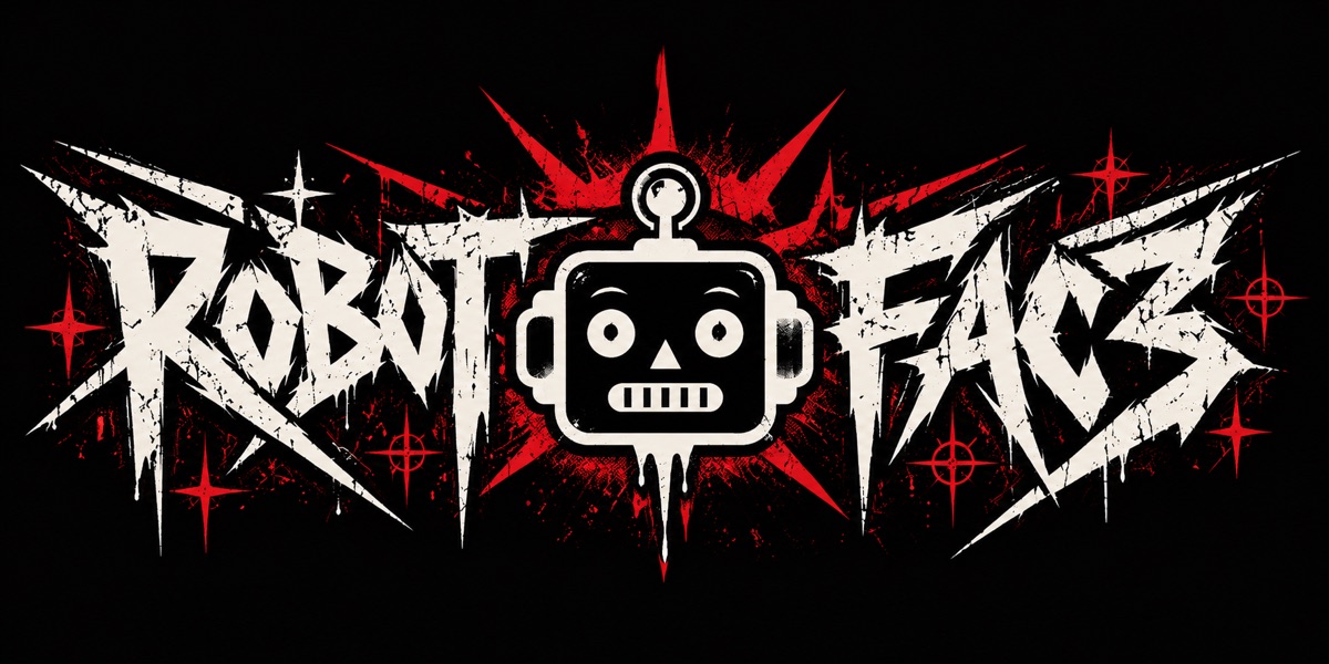 RobotFac3 wordmark around a robot head, off-white and red on black.